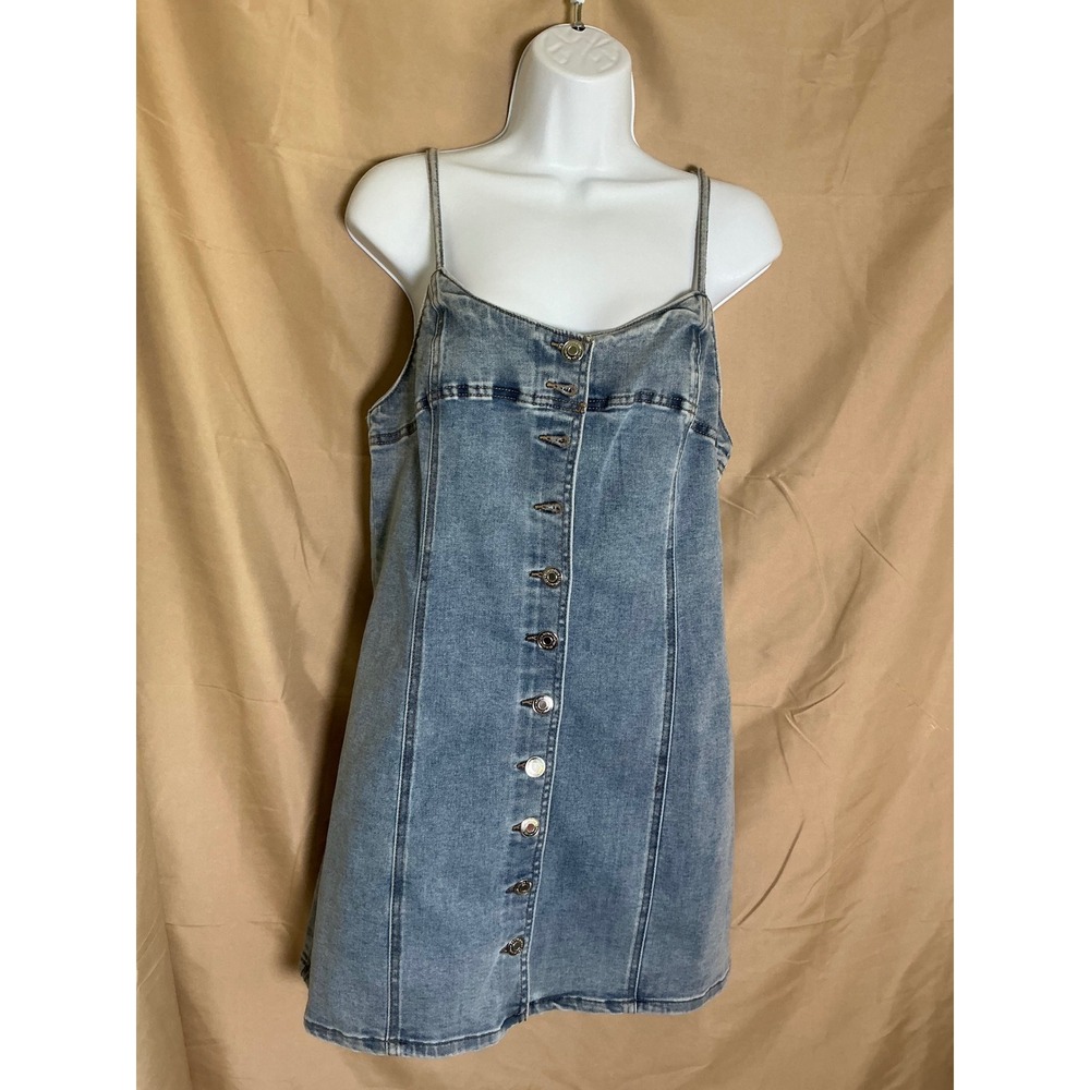 Refuge Denim Mini Dress Womens Large Blue New Button Front Spaghetti Strap Y2K